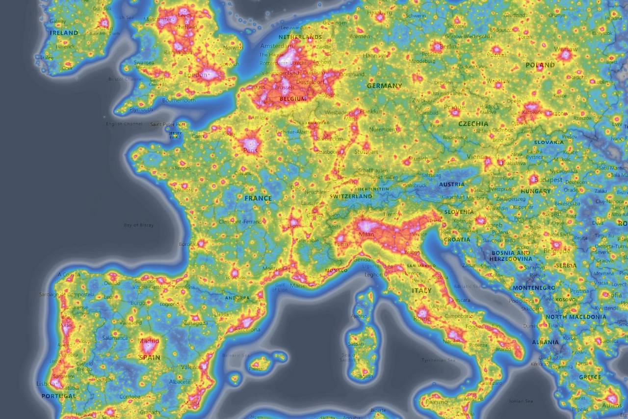 Grafik der Lichtverschmutzung über Europa